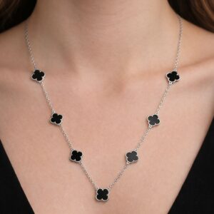 925 Ayar Gerçek Gümüş Siyah Yonca Figürlü Kolye